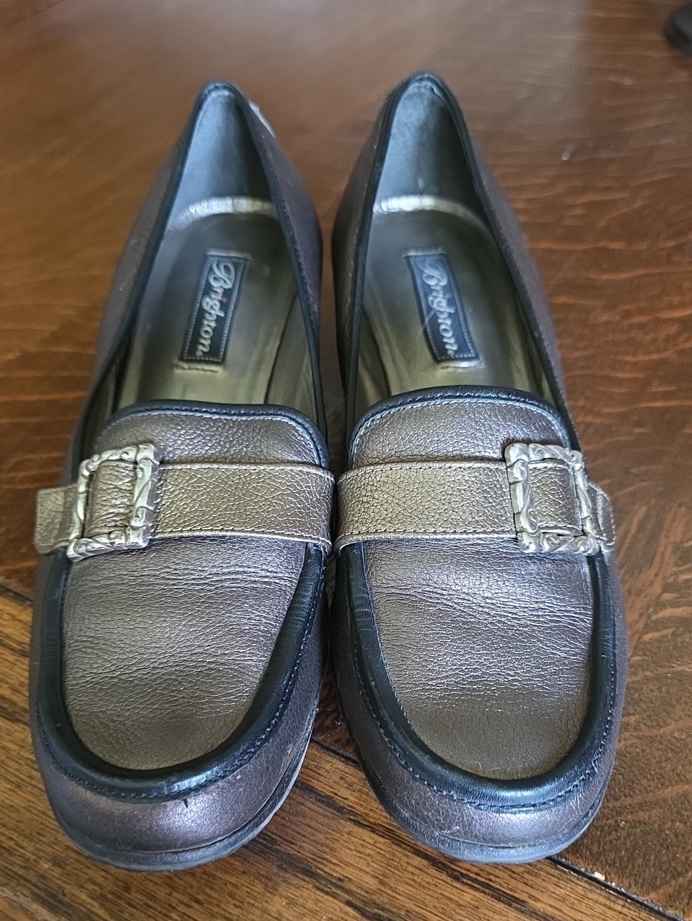 Brighton Metallic Bronze Leather Loafers with Buckle Accent